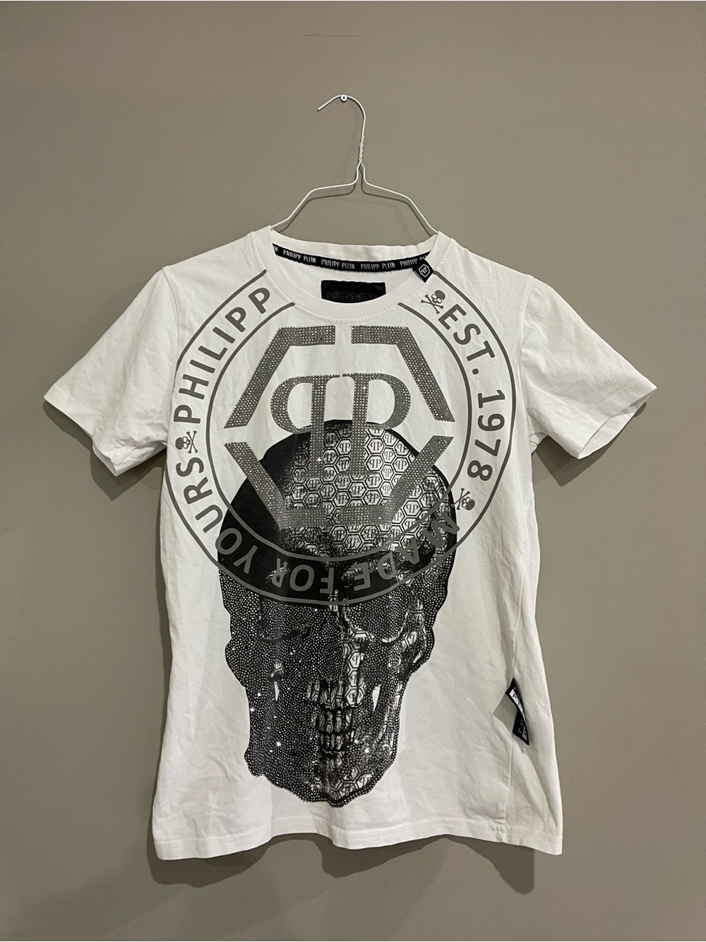 Philipp Plein White Tee with Black Skull Emblem